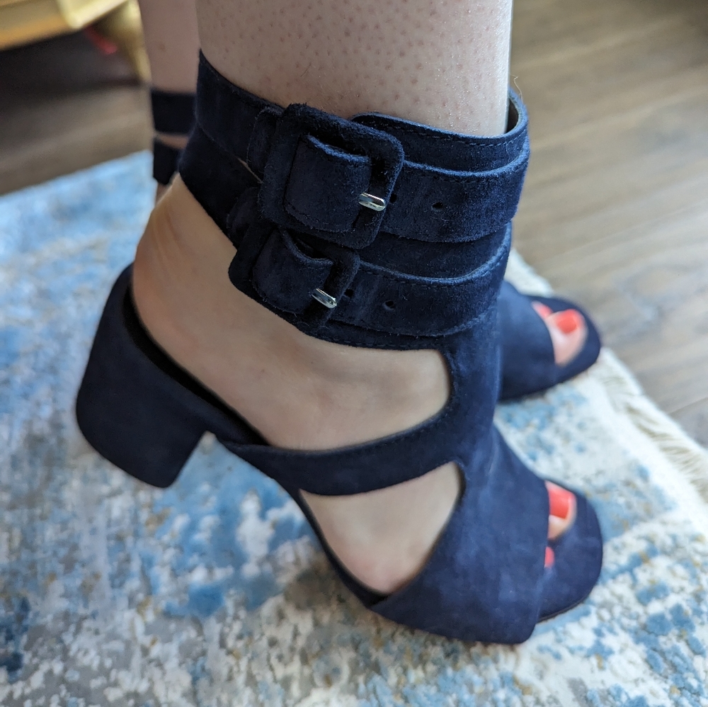 Rag & Bone blue suede buckle sandal with heel, 6.5 US/36.5 EU